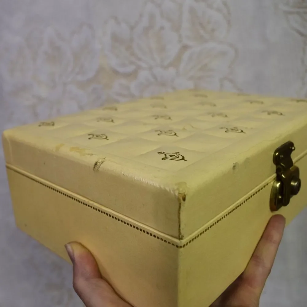 Vintage Jewelry Box Organizer Beige MCM Pink Satin Lined 2 Tier Cottage Glam